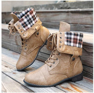 Retro women's motorcycle boots mid calf combat boots lace-up turn over boots