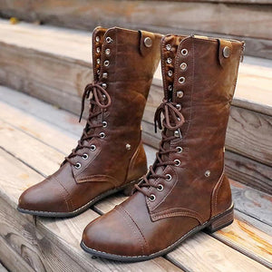 Retro women's motorcycle boots mid calf combat boots lace-up turn over boots