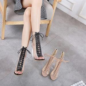 Women peep toe round chunky heel lace up prom clear heels