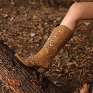 Women chunky heel studded hollow flowers mid calf boots