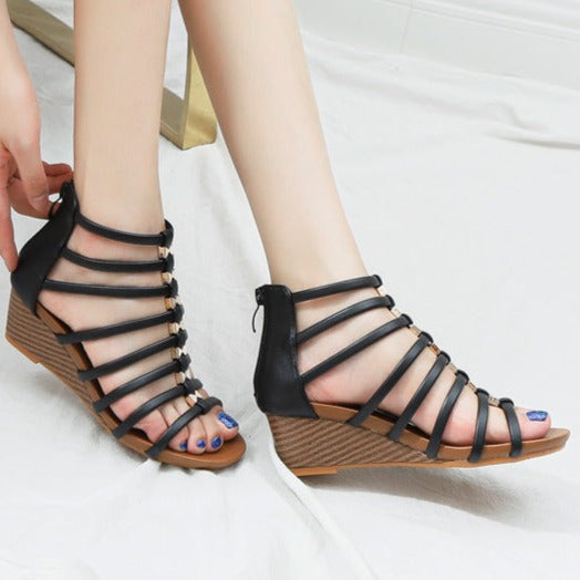 Vintage wedge heels gladiator sandals peep toe strappy sandals