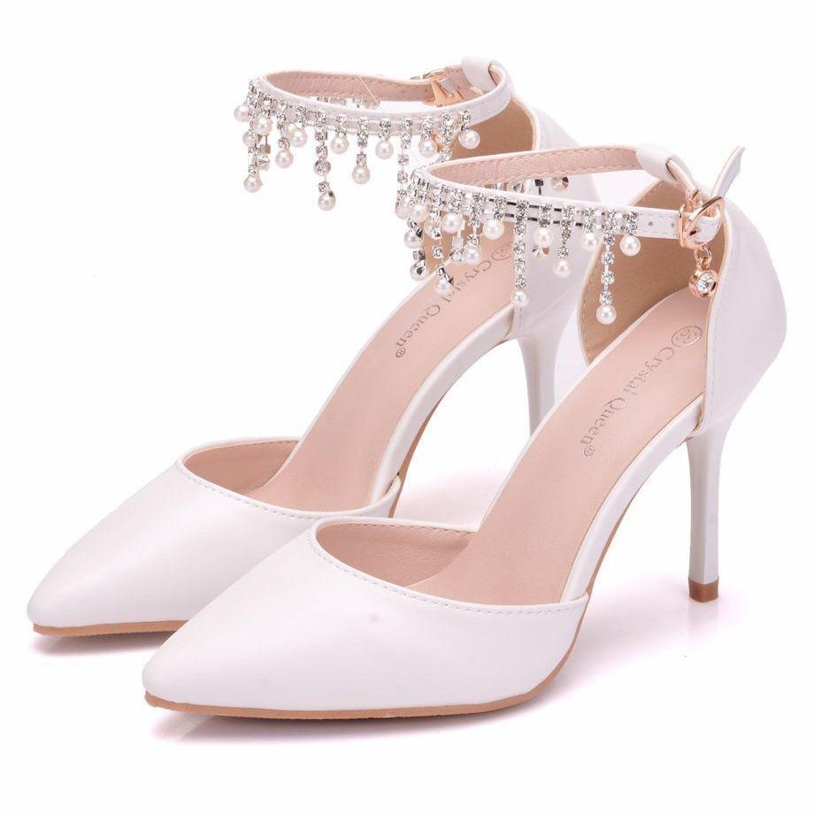 Women's white closed toe wedding heels ankle pearls strap bridal heels