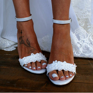 White floral lace wedding sandals satin chunky sandals