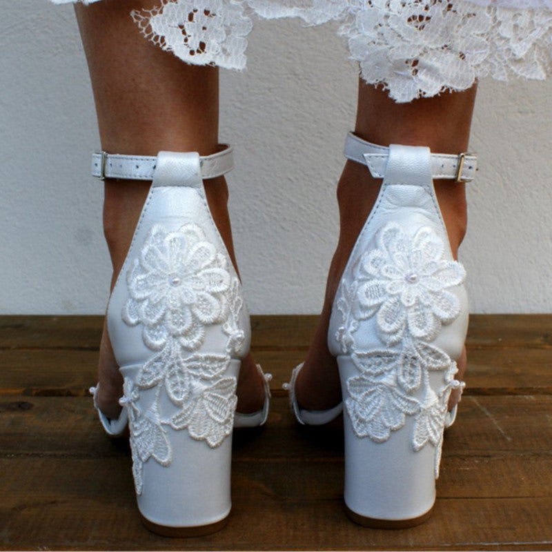 White floral lace wedding sandals satin chunky sandals