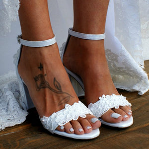 White floral lace wedding sandals satin chunky sandals