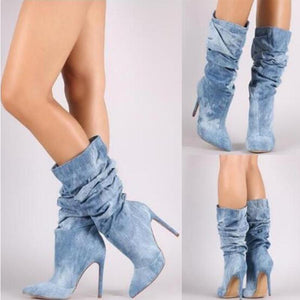 Women Slouch Boots Pointed Toe Stiletto High Heel Mid Calf Boots