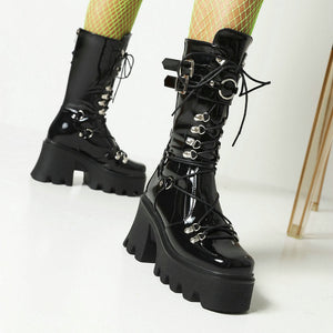 Women black motorcycle boots | Mid calf combat lace up buckle strap chunky platform boots