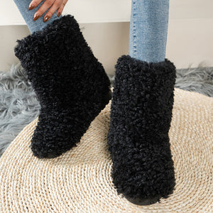 Women snow boots mid calf curly artificial fur warm boots flat heel