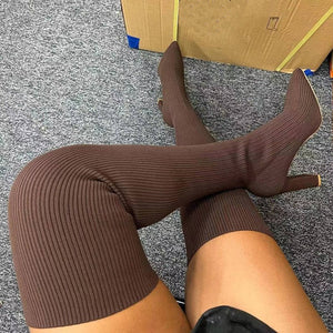 Women long sock boots chunky heel elastic slip on thigh high boots