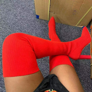 Women long sock boots chunky heel elastic slip on thigh high boots