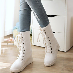 Women mid calf boots lace up non slip chunky platform boots