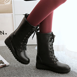 Women mid calf boots lace up non slip chunky platform boots