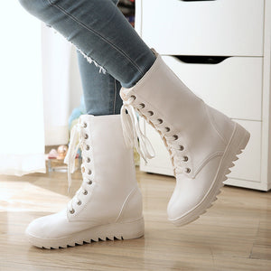 Women mid calf boots lace up non slip chunky platform boots