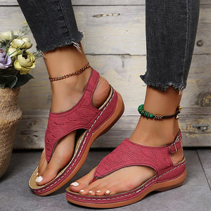 Women platform flip flop buckle 
strap wedge sandals