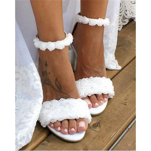 Women wedding flower lace peep toe ankle strap white heels