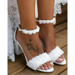 Women wedding flower lace peep toe ankle strap white heels