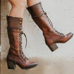 Women's knee high combat boots retro square block heel lace-up boots