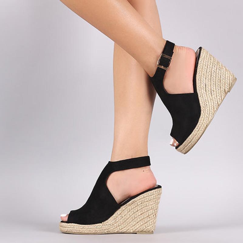 Wedge Espadrille Suede Peep Toe Ankle Strap Slingback Sandals