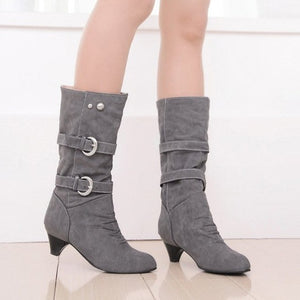 Women chunky heel buckle strap slip on mid calf boots