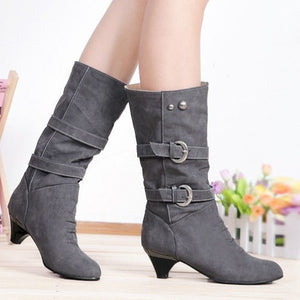 Women chunky heel buckle strap slip on mid calf boots