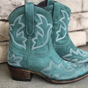 Womens' floral embroidered cowboy boots short pointed toe cowgirl boots