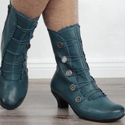 Women's vintage louis heels mid calf boots retro zipper boots