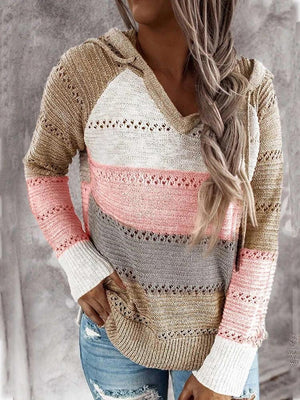Women‘s knitted color striped hooded sweater V neck fall pullover sweater