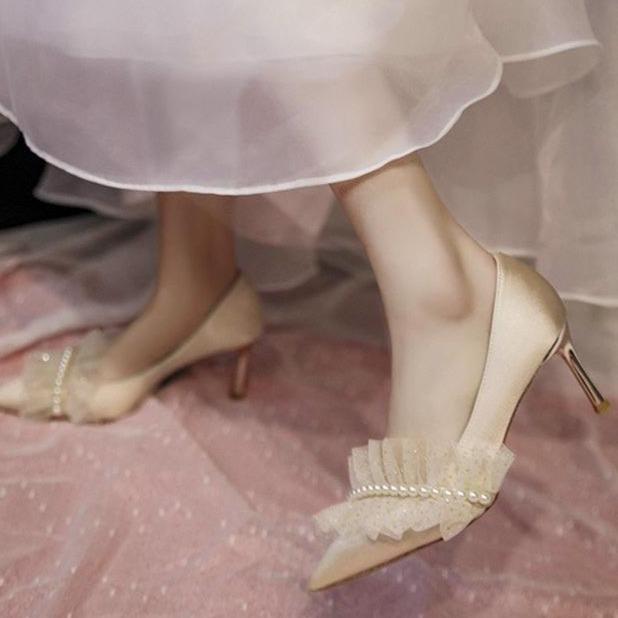 Women wedding pointed toe ruffle strap rhinestone bridal heels