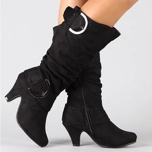 Chunky heel slouch boots mid calf chunky boots with buckles fashion boots for women
