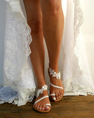 White floral lace sandals for wedding ring toe beach sandals