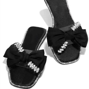 Women rhinestne bow peep toe flat slide sandals