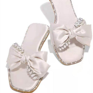 Women rhinestne bow peep toe flat slide sandals