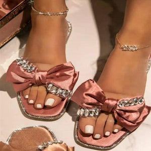 Women rhinestne bow peep toe flat slide sandals