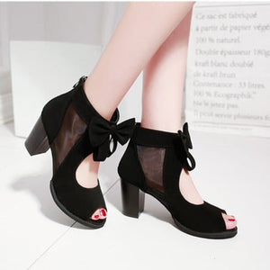 Women bowknot hollow back zipper peep toe chunky heels