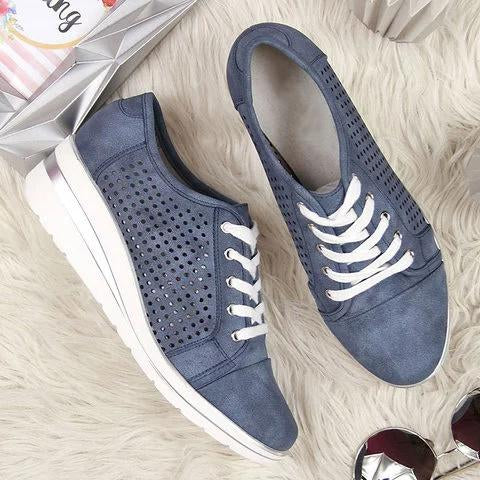 Women Fashion Lace Up Hollow Out Wedge Heel Sneakers - fashionshoeshouse