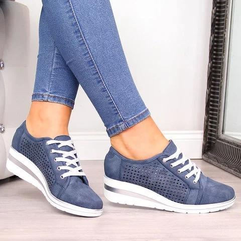 Women Fashion Lace Up Hollow Out Wedge Heel Sneakers - fashionshoeshouse
