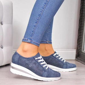 Women Fashion Lace Up Hollow Out Wedge Heel Sneakers - fashionshoeshouse