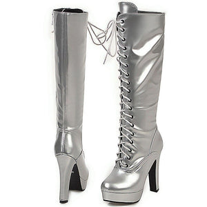Women's knee high metallic platform high heeled combat boots with zipper