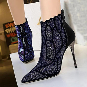 Women's stiletto high heeled rhinestone pointed toe zip booties sexy party nightclub ankle boots