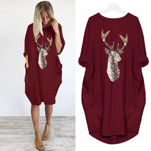 Women's casual loose long sleeve tops dress with pocket reindeer print Christmas dress