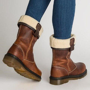 Women's vintage mid calf fur boots flat heel winter warm snow boots