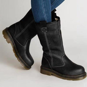 Women's vintage mid calf fur boots flat heel winter warm snow boots