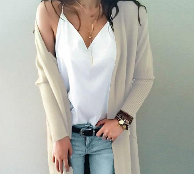 Women's open front long knitted cardigan sweater with pocket for fall/winter