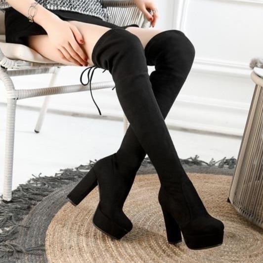 Women's suede stretch platform high heeled thigh high boots sexy tall boots for winter