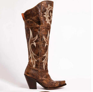 Womens' vintage floral print knee high boots pointed toe chunky heel boots