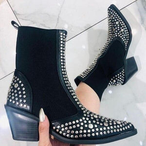 Womens's elastic black rivets ankle boots pointed toe square block heel booties