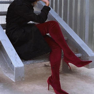 Women's stiletto heeled suede elastic over the knee boots pointed toe slim sexy long boots