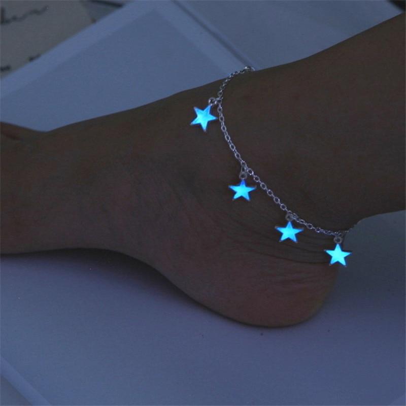 Women luminous blue pentagonal star tassel ankle chain