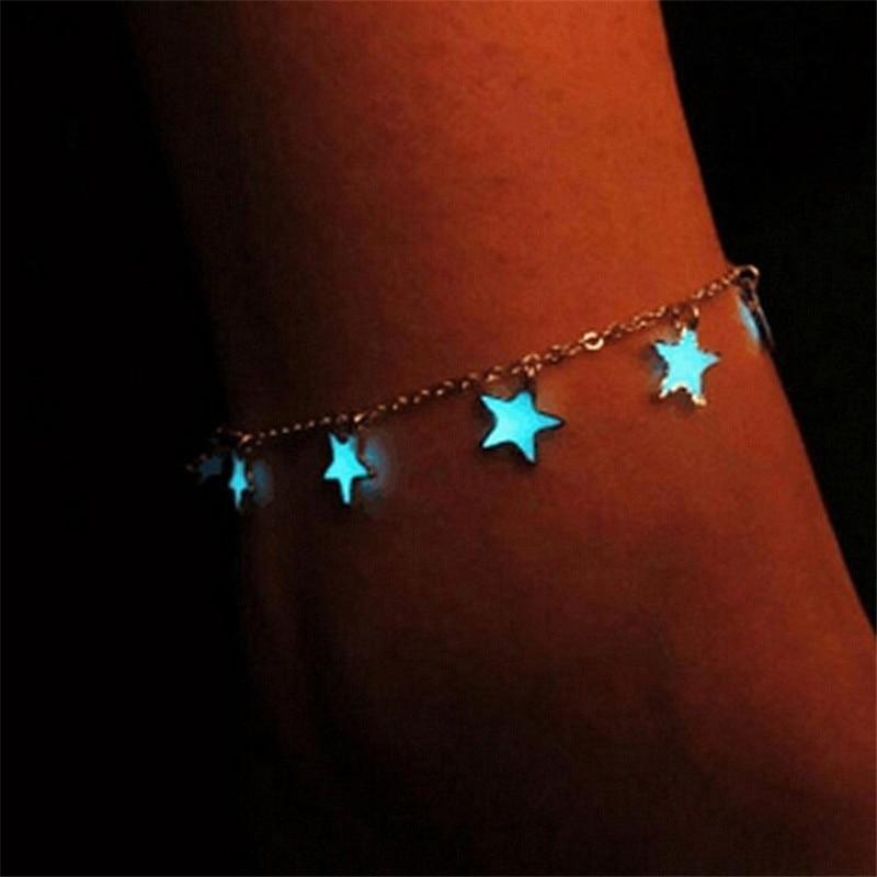 Women luminous blue pentagonal star tassel ankle chain