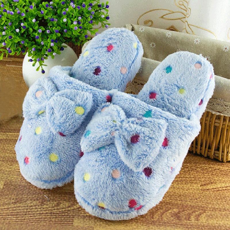 Furry plush house slippers for winter bowknot cute confetti slippers closed toe